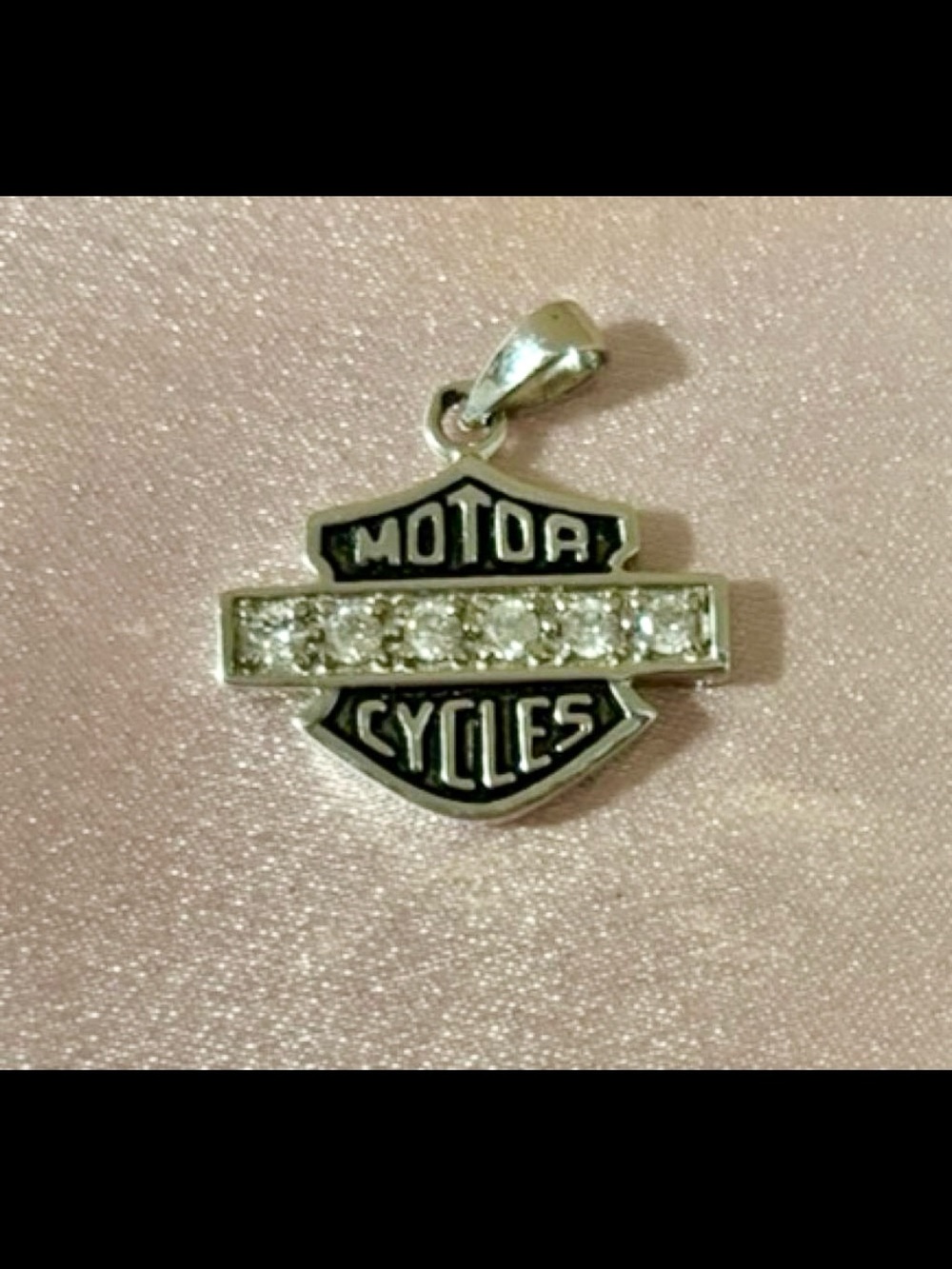 Harley Davidson Silver 'Motor Cycles' Crystal Shield Pendant Stamped 925 Silver